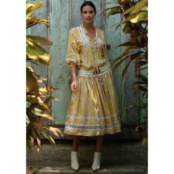 Miss June ELOISE Dress One size Yellow Long Sleeve Boho - Picture 1 of 14